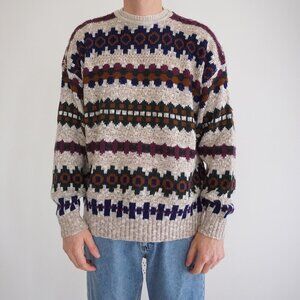 Vtg '80S Ash Creek Taupe Purple Cosby Biggie Eclectic Crewneck Knit Sweater XL
